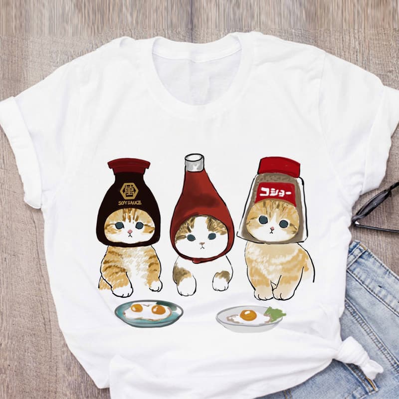 Funny Cat Women T Shirt - Cute Cartoon Cat Print Fashionable T-Shirt for Friends and Couples