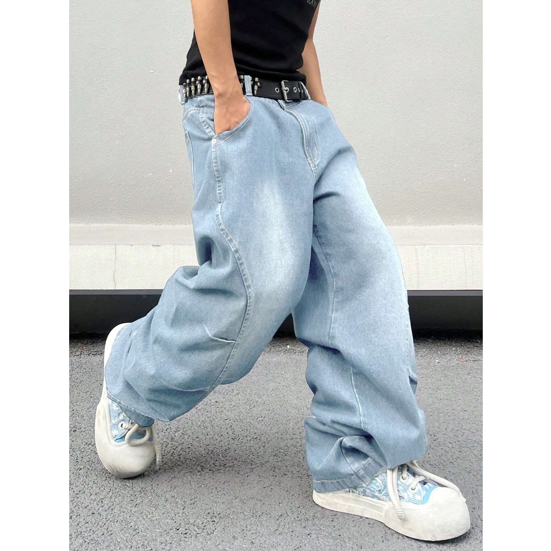 American Retro Wide Leg Jeans for Men, Washed Distressed Loose Fit, Slimming Draped Floor-Length Straight Leg Pants, Cross-Border Edition