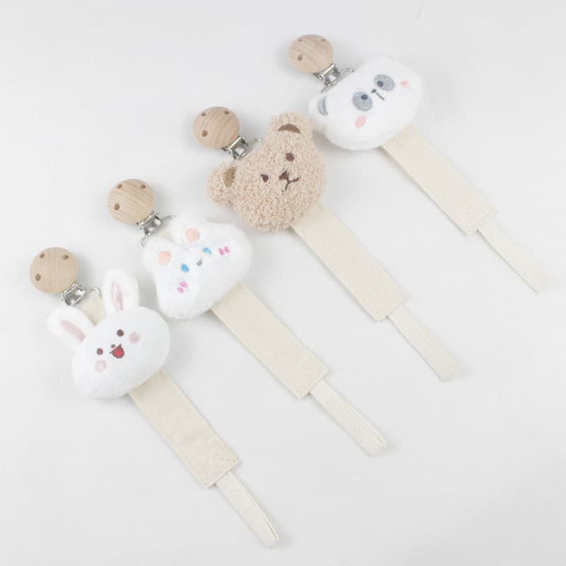 In Stock Baby Beech Wood Pacifier Clip Cartoon Animal Plush Cotton Linen Pacifier Holder Anti-Drop Chain