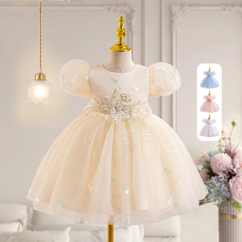 Puff sleeves, flower waist, girl's dress, little girl's first birthday party evening dress, girl's princess dress