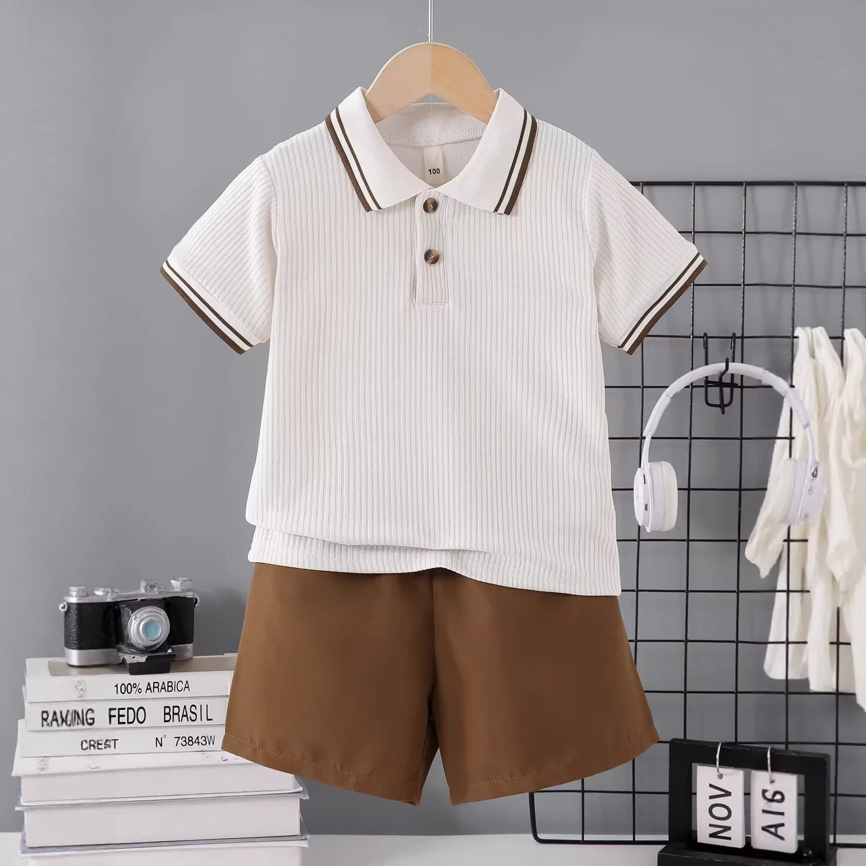 New Cross-Border Boys' Knit Turn-Down Collar Polo Shirt Striped Short-Sleeve Top Casual Versatile Woven Shorts Set