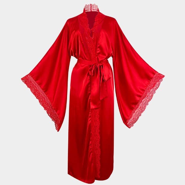 New Cross-Border Ice Silk Robe for Women, Luxury Lace Trim, Cool-Touch Long Sleeve Loose Pajama Bathrobe Loungewear