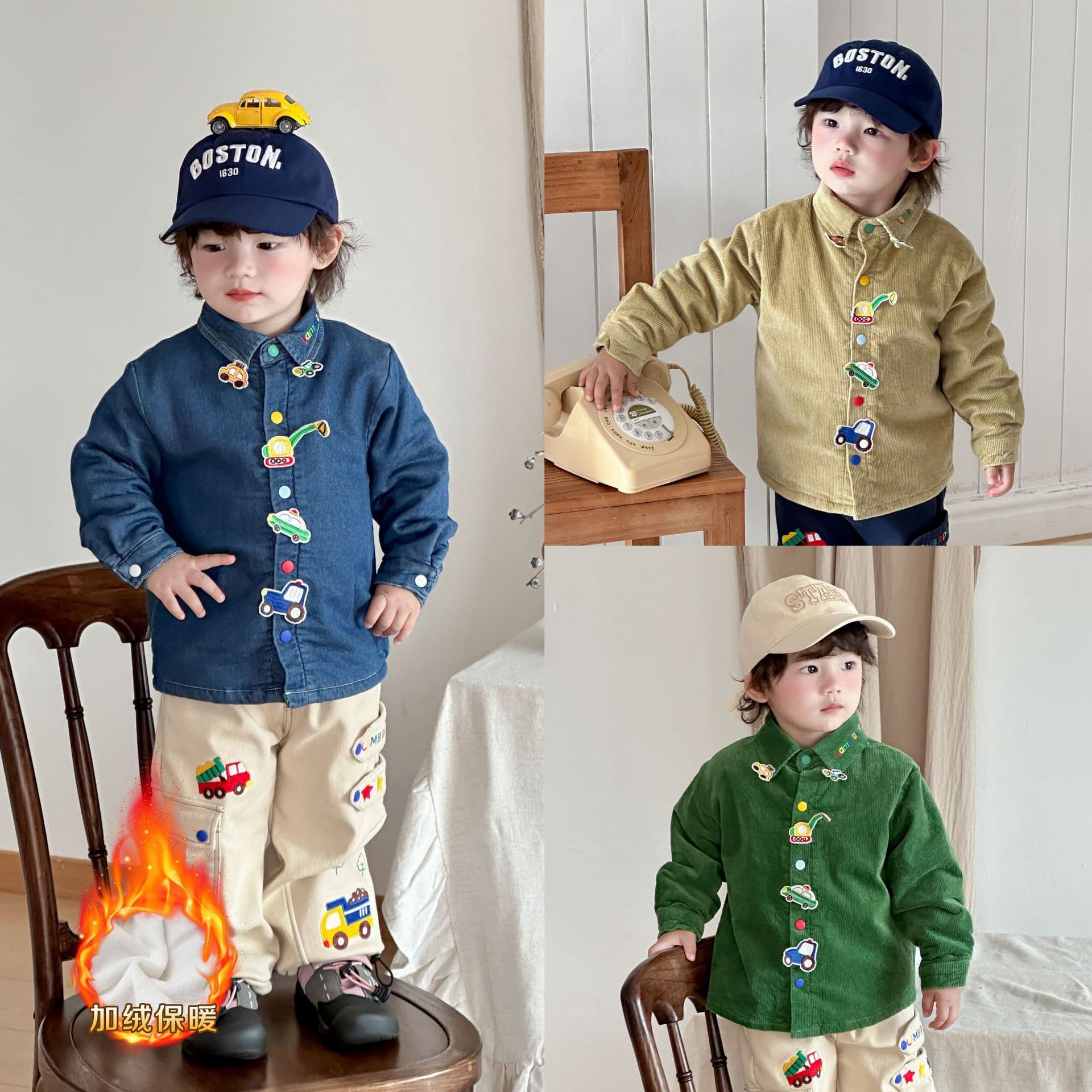 2025 Autumn/Winter New Boys' Warm Fleece-Lined Shirt, Solid Color, Children's Thermal Underwear