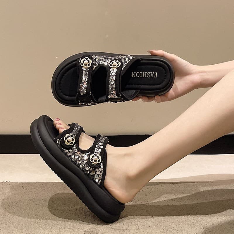 Trendy Velvet Sequin Slippers for Women 2026 Summer New Little Fragrance Style Thick Sole Heightening Fashion Beach Slippers