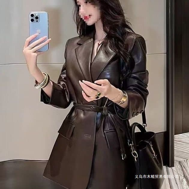 2025 Autumn New Style Leather Jacket, Casual Retro Style, Waist-cinching Belt, Mid-length Suit Collar Leather Jacket, Fashionable