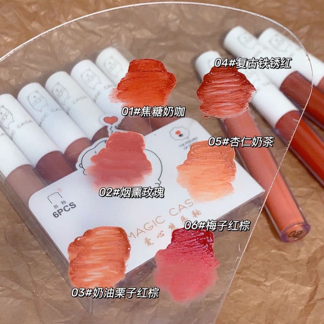 MAGIC CASA Heart Bear Lip Gloss 6-Piece Set, Long-Lasting Non-Fading Lipstick, Matte Moisturizing Lip Mud, Drop Shipping Available