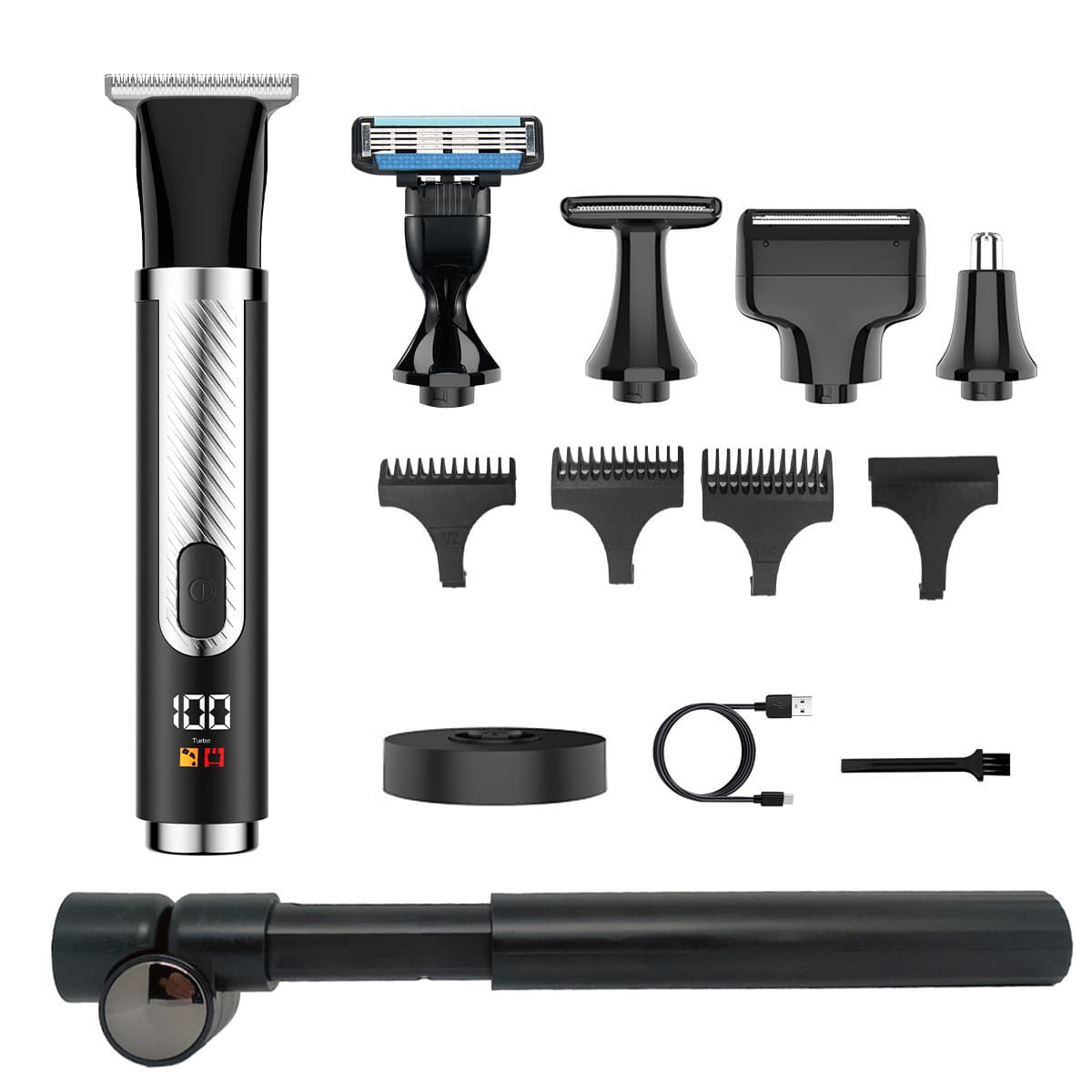 4-in-1 Men's Grooming Kit with Back Hair Razor, Folding Extension Pole, Hair Trimmer, Shaver, and Nose Hair Trimmer