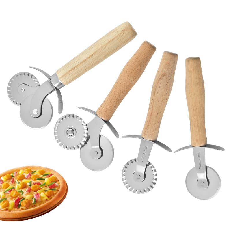 Wooden Handle Stainless Steel Pizza Cutter, Dual Wheel Roller Cutter, Single Wheel Pizza Slicer with Wooden Handle