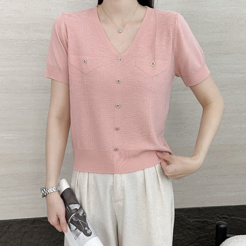 New Korean Style Women's Short Sleeve T-Shirt, Summer Simple Fashion V-Neck Pullover, Tummy-Hiding, Slimming, Niche Knit Top