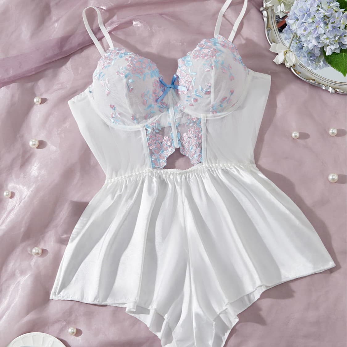 Cross-border European and American Plus Size Camisole Sleepwear Single Piece Ice Silk Sexy Women's Pajamas Embroidered Mesh Lace Lingerie Bodysuit Short