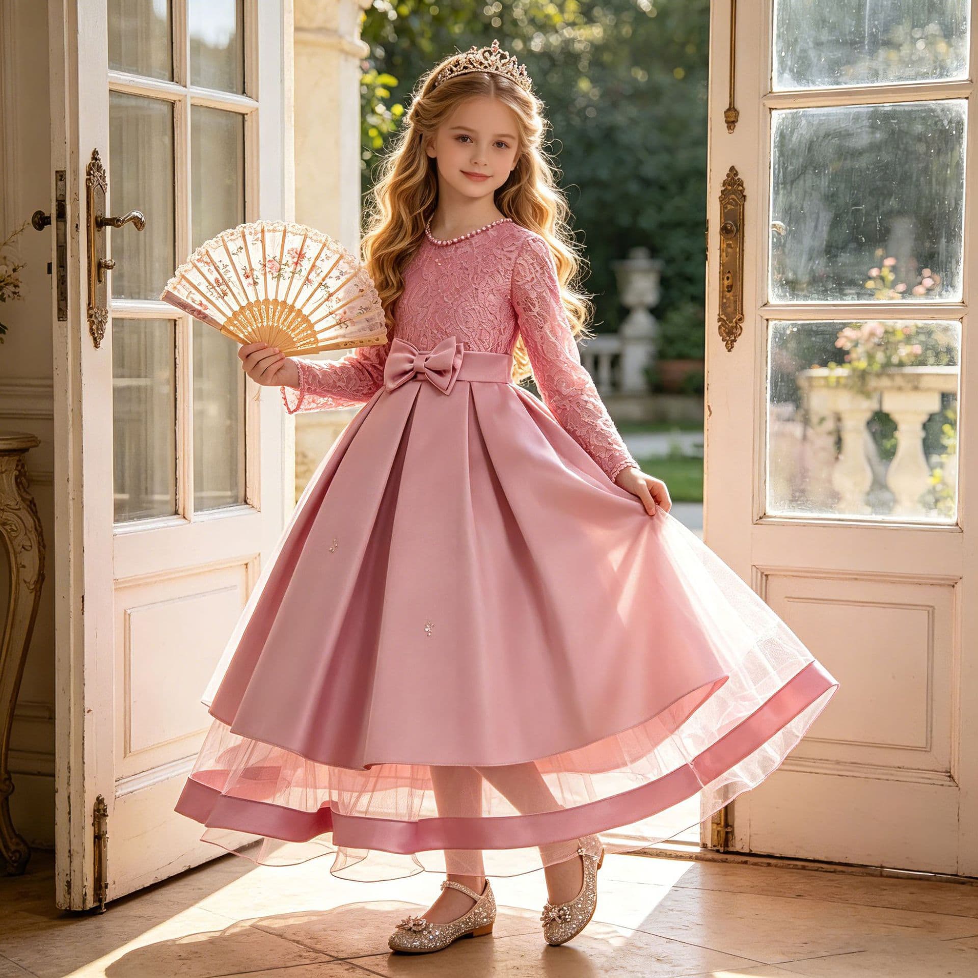 Girls Long Sleeve Wedding Princess Dress Flower Girl Party Banquet Piano Performance Gown