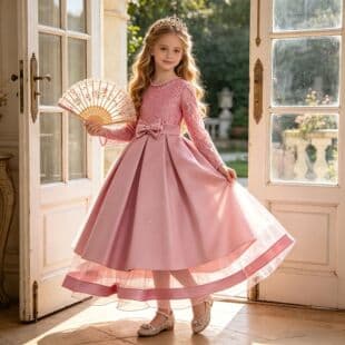 Girls' Long-Sleeve Princess Dress Wedding Gown, Flower Girl Evening Party Piano Performance Outfit