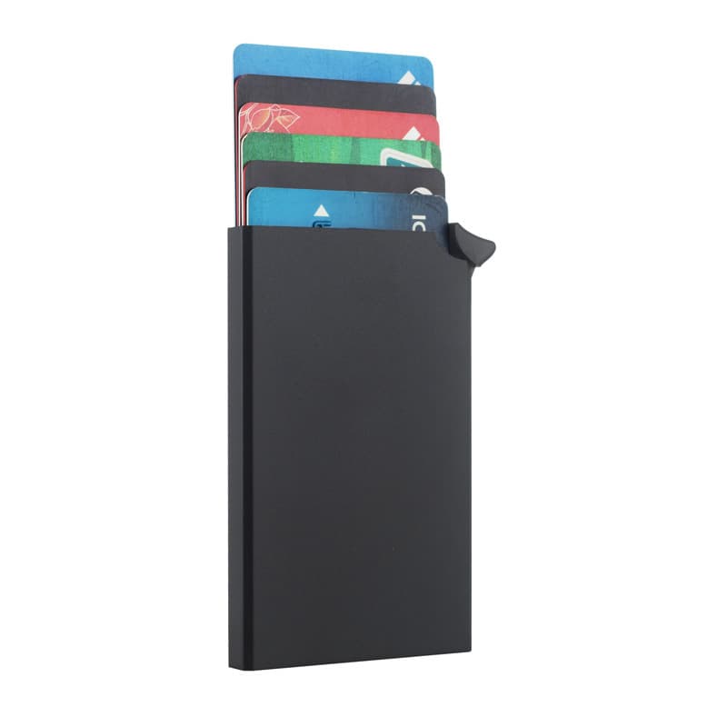 Factory direct supply of aluminum alloy RFID blocking automatic pop-out credit card holder/wallet; laser logo optional.