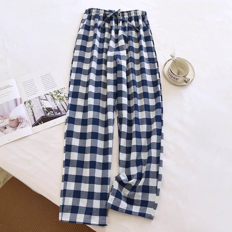 Four-Color Washed Cotton Large Grid Pajama Pants for Men, Four-Season Thin Long Pants with Side Pockets, Drawstring, Cotton, Wearable Outside Home Pants