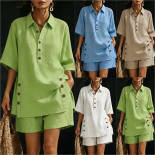 Amazon 2026 Fall Summer Cross-Border New Export Women Short Sleeve Shirt Loose Pants Two-Piece Set