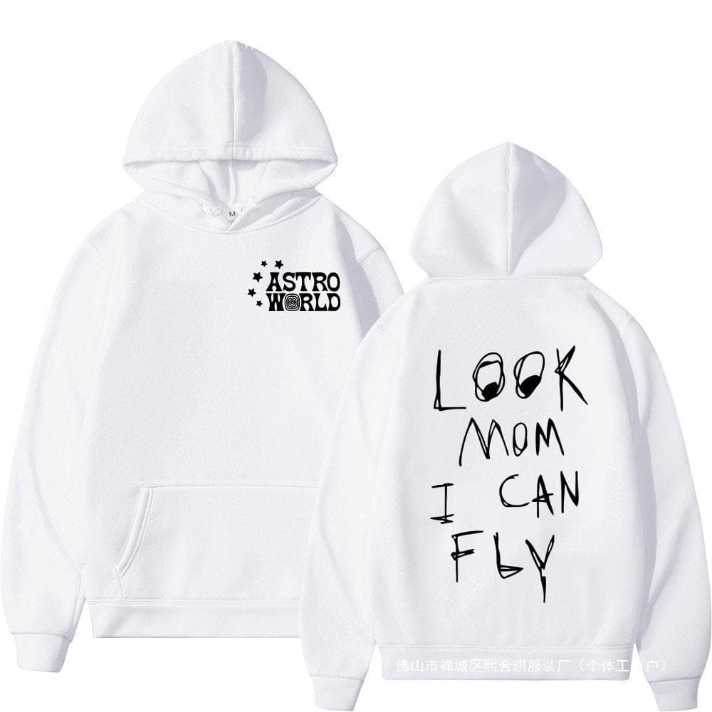 Cactus Jack Rapper Style Hoodie 'Look Mom I Can Fly' Print Loose Fit Long Sleeve Polyester Casual Wear for Women