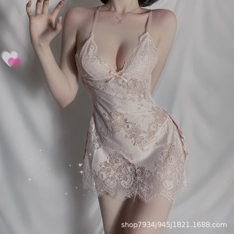 Lingerie Sexy Nightgown Lace Erotic Underwear Set with Tie-Back Summer Open Back Lace Detail