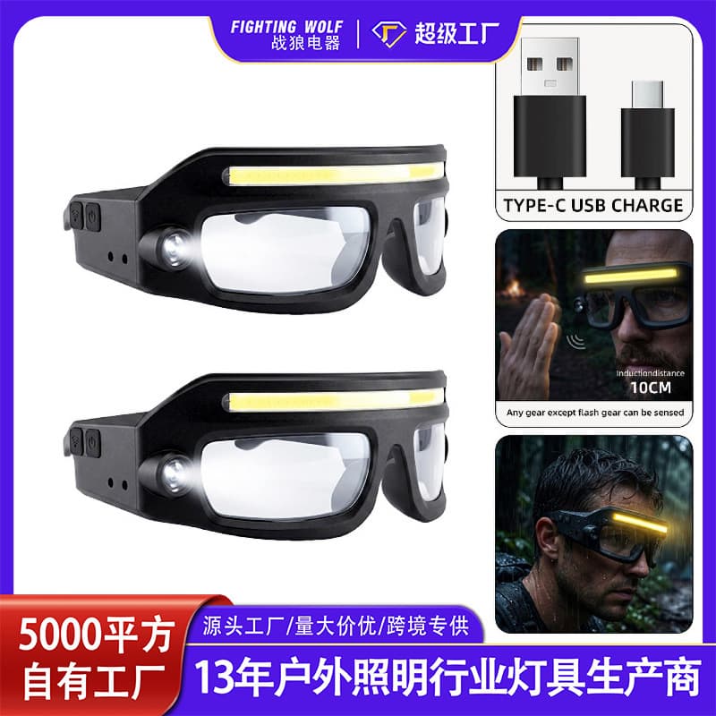 Cross-border outdoor mountaineering glasses light induction headlight night fishing windproof goggle light camping head-mounted rechargeable cycling light