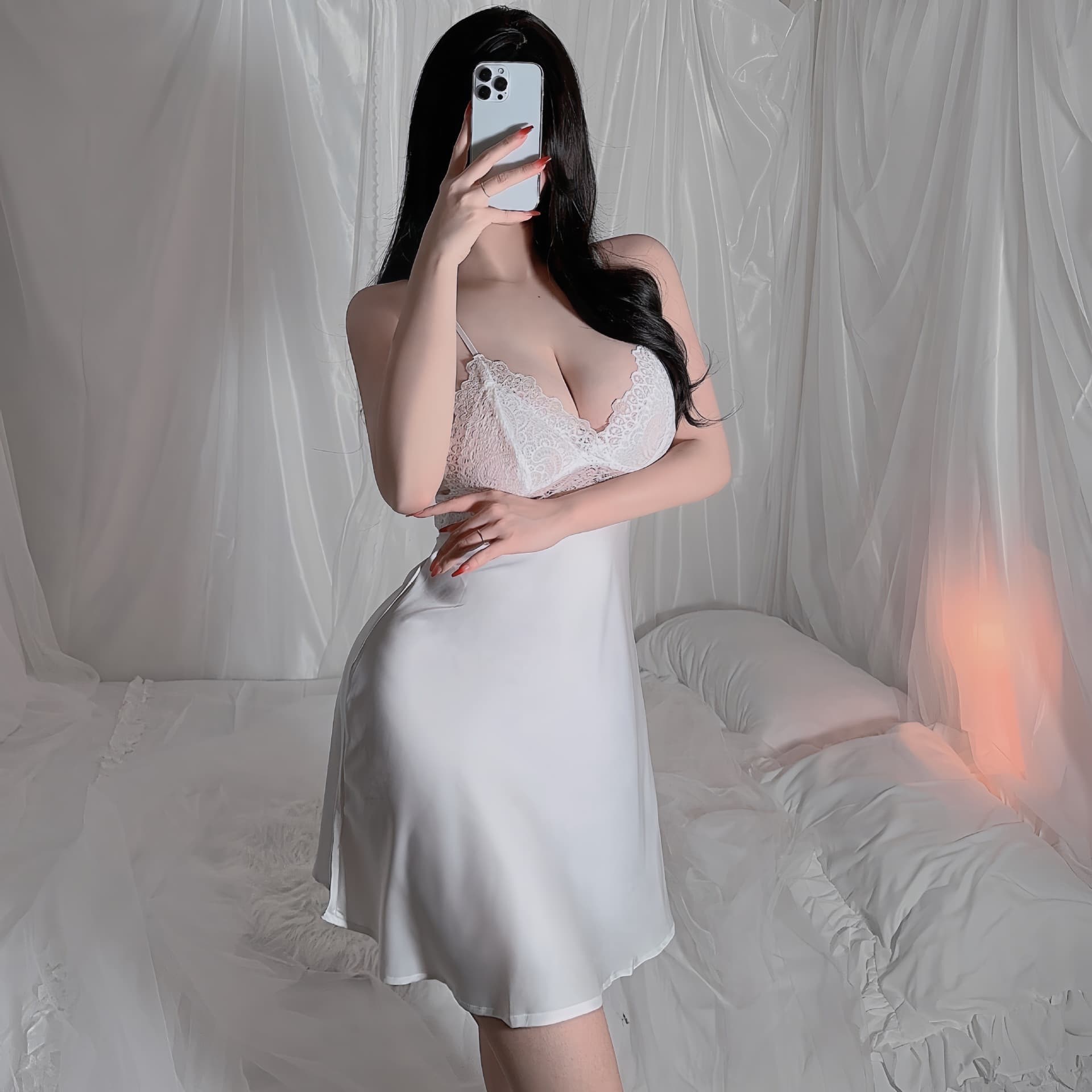Women's White Satin Lace Nightgown with Deep V-Neck and Straps, Slim Fit Loungewear 547, Thin Style, Sweet and Cute Style