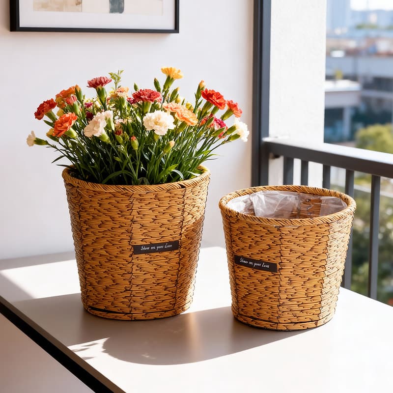 Woven Rattan Flower Pot Rustic Home Living Room Balcony Decoration Handwoven Rattan Basket Floor Plant Creative Planter