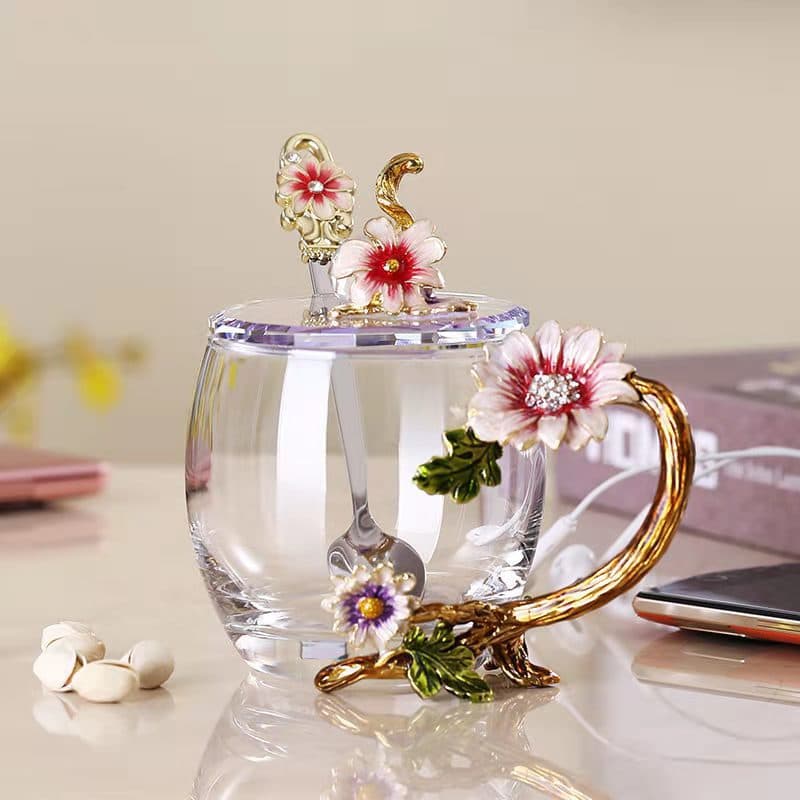 Fresh Enamel Color Water Cup Tea Cup Household High Temperature Resistant Crystal Glass Cup Floral Tea Cup Gift for Girlfriend Gift Present