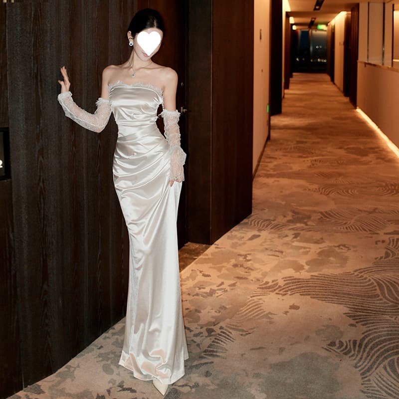 French satin annual meeting banquet dress tube top white birthday engagement light dress graduation dress