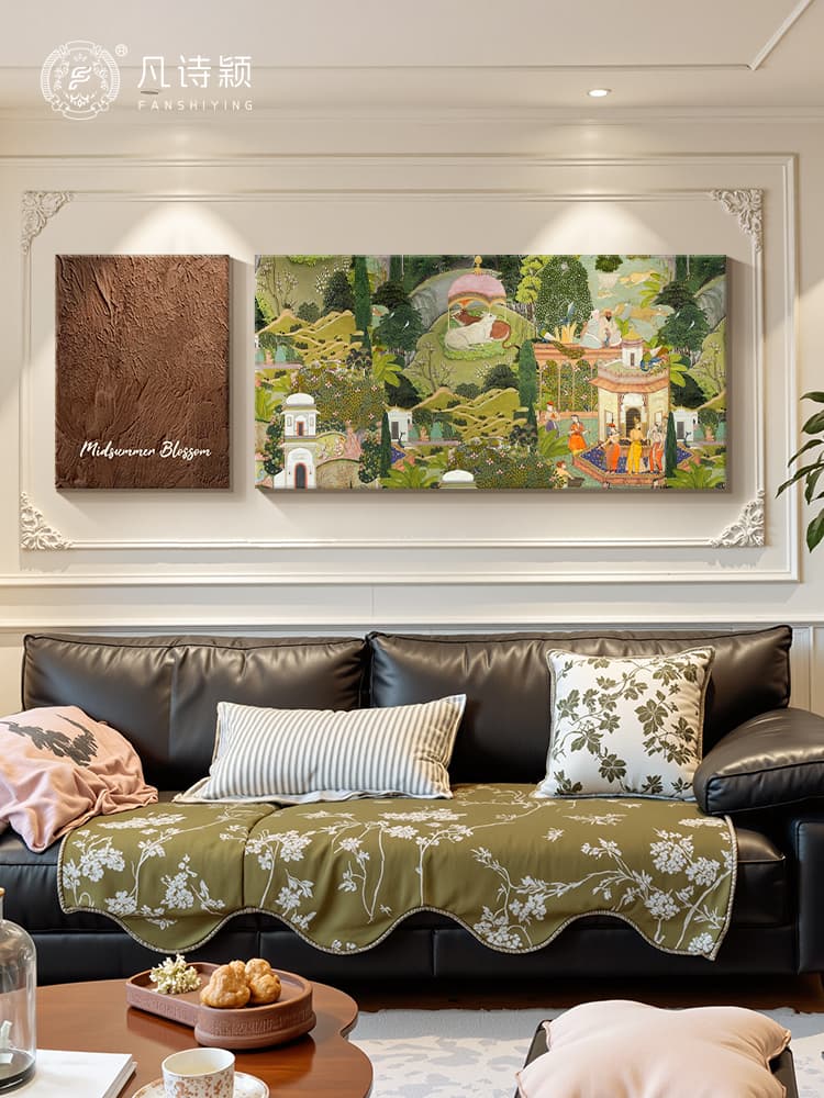 French-Style Vintage Sofa Wall Art, Niche Art, Green Wall Painting with a Mid-Century Style, Suitable for Decorating Large White Walls in the Living Room