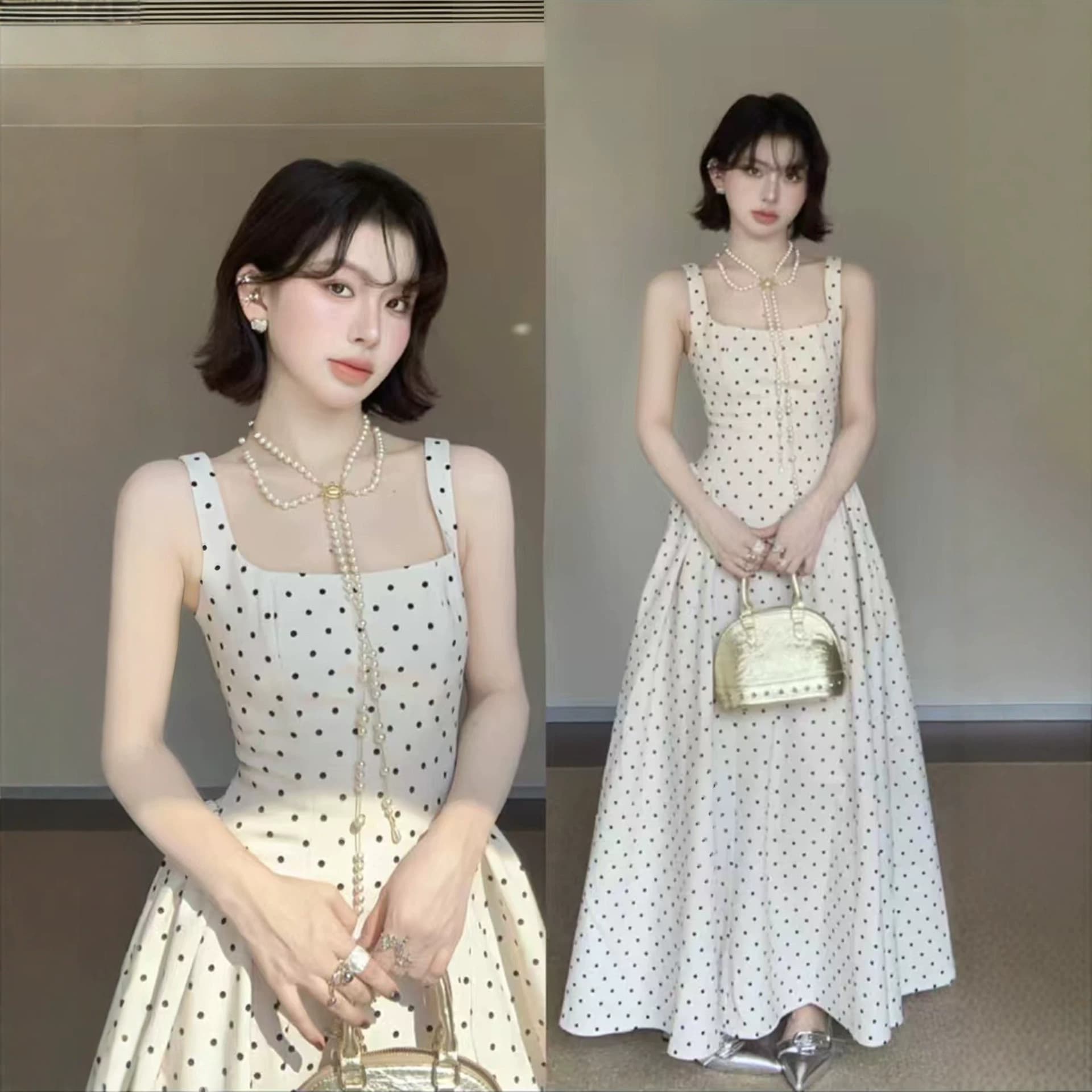 Polka Dot Dress French Style Long Dress Women Summer New A-Line Waist Slimming Camisole Dress Hepburn Style Stunning Summer Outfit