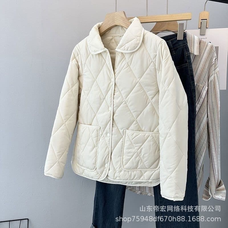 Spring/Autumn New Lapel Retro Lightweight Stylish Cotton Jacket Fashion Cotton Coat Diamond Quilted Warm Short Mom Cotton Coat