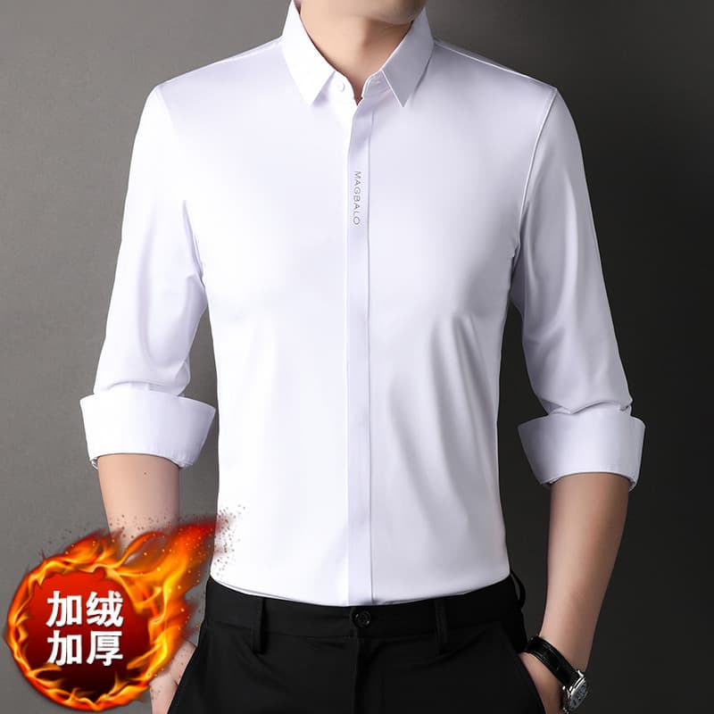 Fleece Lined Thick Stretch Long Sleeve Shirt for Men, Autumn/Winter Simple Casual Wrinkle-Resistant Hidden Placket Warm Non-Iron Shirt