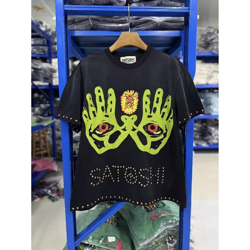 Satoshi Nakamoto Hip-Hop Style Rivet Short-Sleeve T-Shirt Unisex Loose Retro Distressed Print Top Streetwear