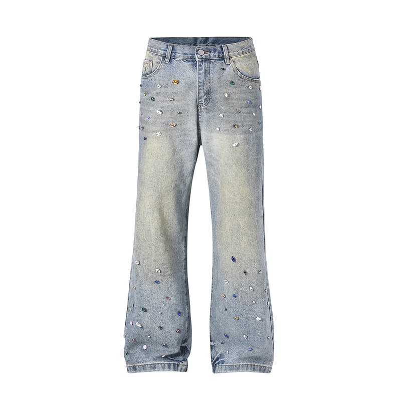 American High Street Cross-Border Ins Style Washed Rhinestone Jeans Straight-Leg Vintage Distressed Ripped Denim Shorts