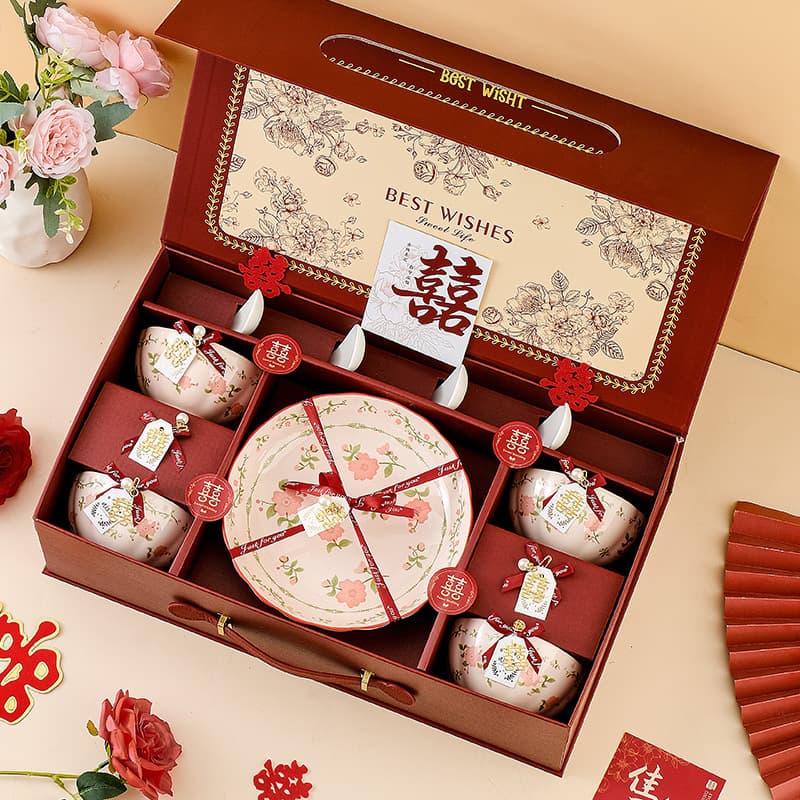 Ceramic Bowl and Spoon Dinnerware Set Gift Box for Wedding Favors, Housewarming, Friends, Premium Gift