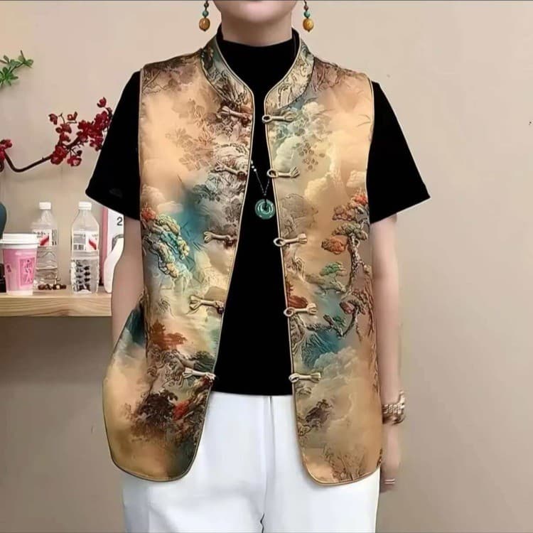 [In Stock] Chinese Vintage Style Vest with Jacquard Pattern, Traditional Knot Buttons, New Fashion Women's Sleeveless Top