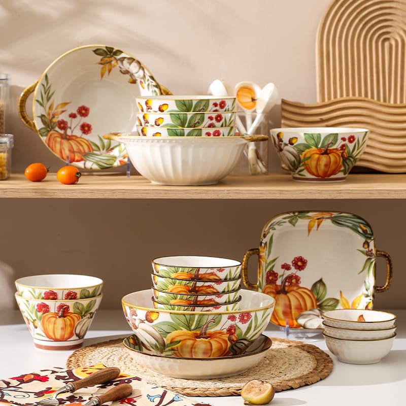 Nordic Pumpkin-Style Bowl and Plate Set, European Ceramic Dinnerware, High-End Aesthetic, Light Luxury Japanese Ceramic