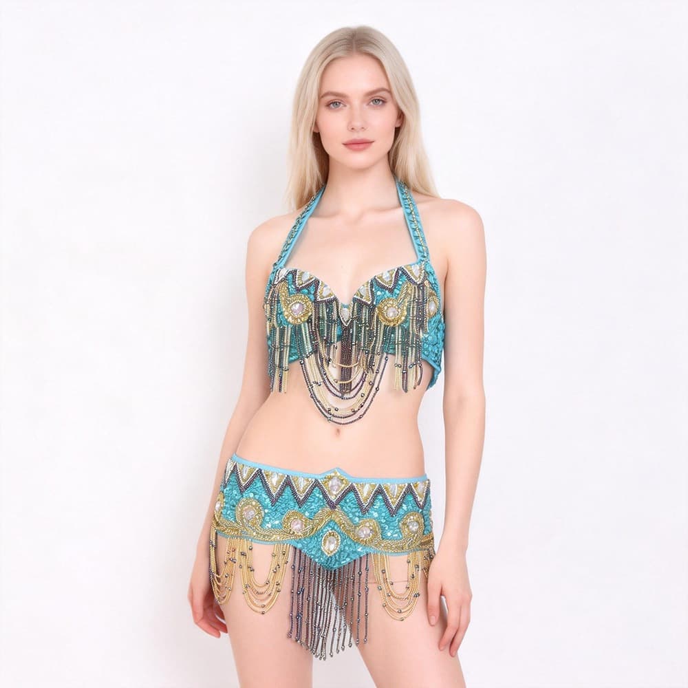 Belly dance foreign trade sexy beaded embroidered bra girdle set Indian dance stage performance clothing nightclub sexy BRA