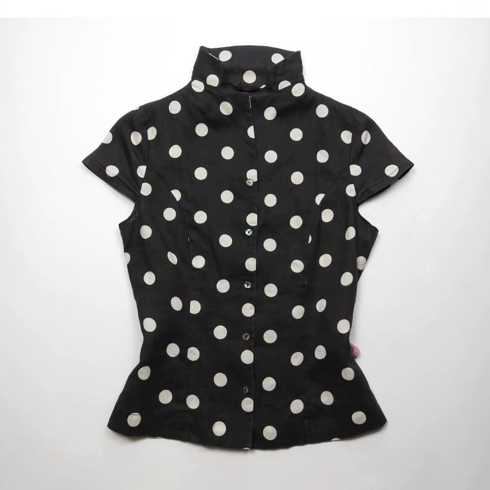 2026 Temperament Women's Ins Elegant Polka Dot Print Stand Collar Short Sleeve Shirt Women's Slim Short Sleeve Commuting Shirt