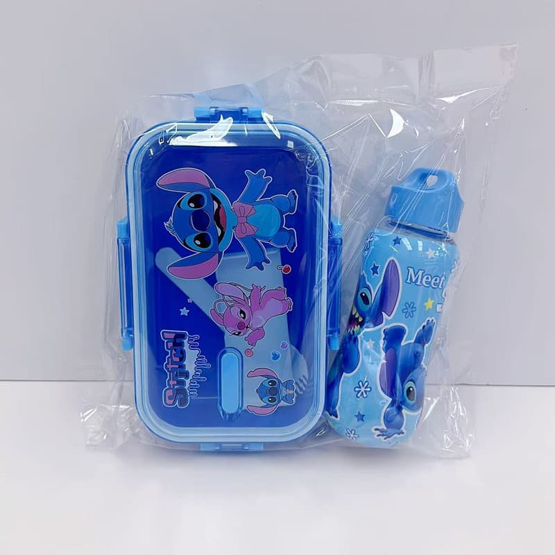 Cartoon Stitch Long Two-Compartment Lunch Box with Water Bottle Set, Student Capybara Bento Box with Spoon and Fresh-Keeping Container