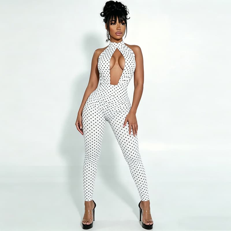 Cross-border European and American style 2026 new summer women's fashion polka dot print slim halter neck sexy backless jumpsuit