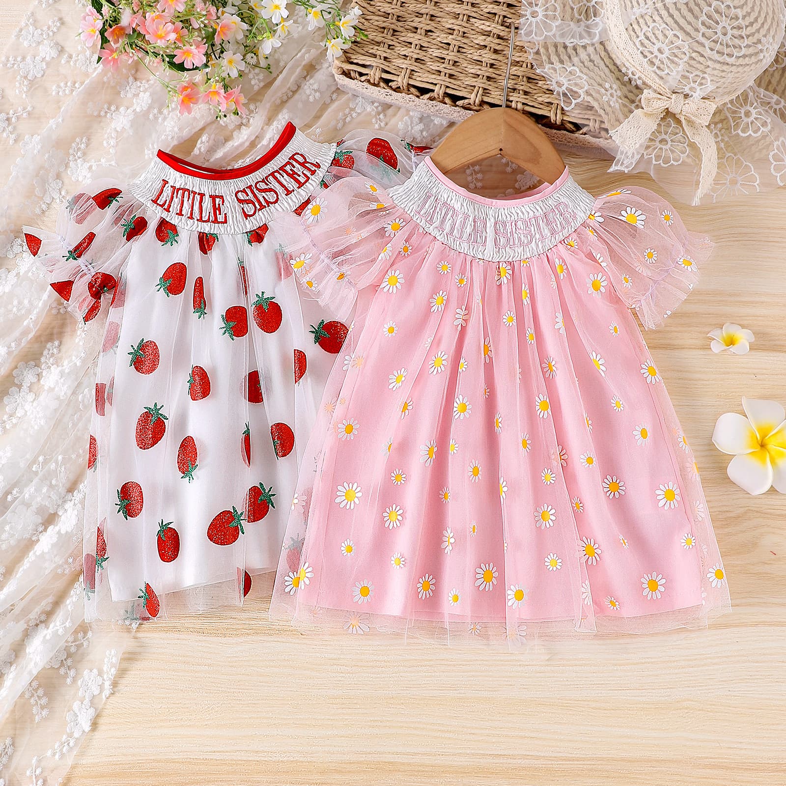2025 Summer New Strawberry Daisy Printed Fresh Girl Baby Gauze Dress