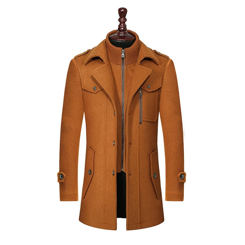 Plus-size men's business wool coat, fashionable double-collar standard style, cross-border wool coat, men's outerwear with vertical zipper.