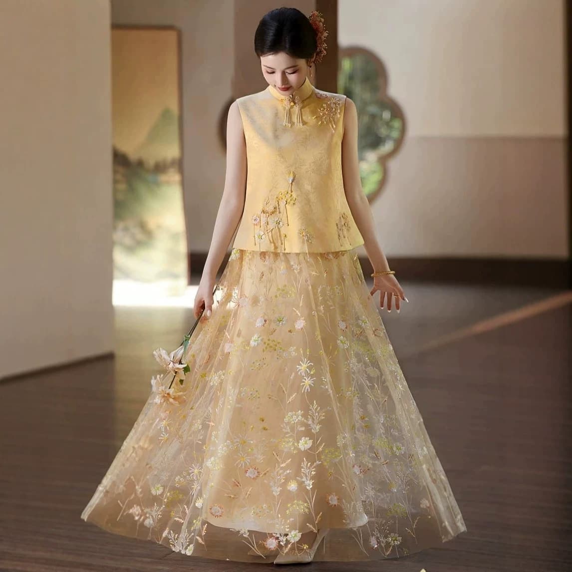 New Chinese-style Daily Cheongsam Dress Engagement Dress Toast Dress Bride Morning Gown Light Luxury Niche Gold Dress