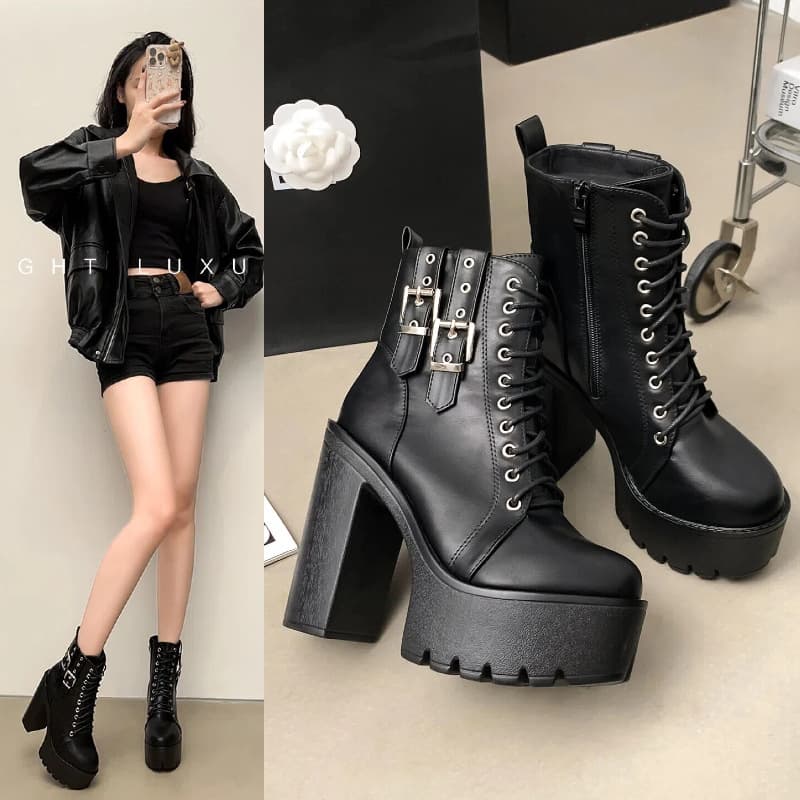 2025 New European and American Style Platform Chunky Heel Martin Boots for Women High Heel Short Boots Side Zipper Belt Buckle Fashion Boots