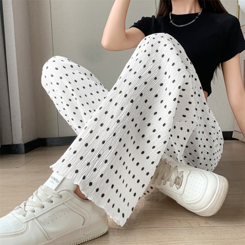 Plus Size Women's Black and White Polka Dot Ice Silk Pleated Wide Leg Pants, Summer Thin Cool Loose Flowing Floor-Length Trousers