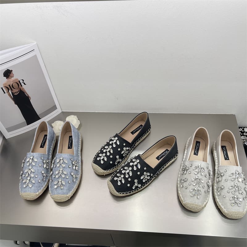 2026 Spring New Flat Shoes Deep Mouth Loafers Woven Fisherman Shoes Fashion Lazy Shoes Rhinestone Flats