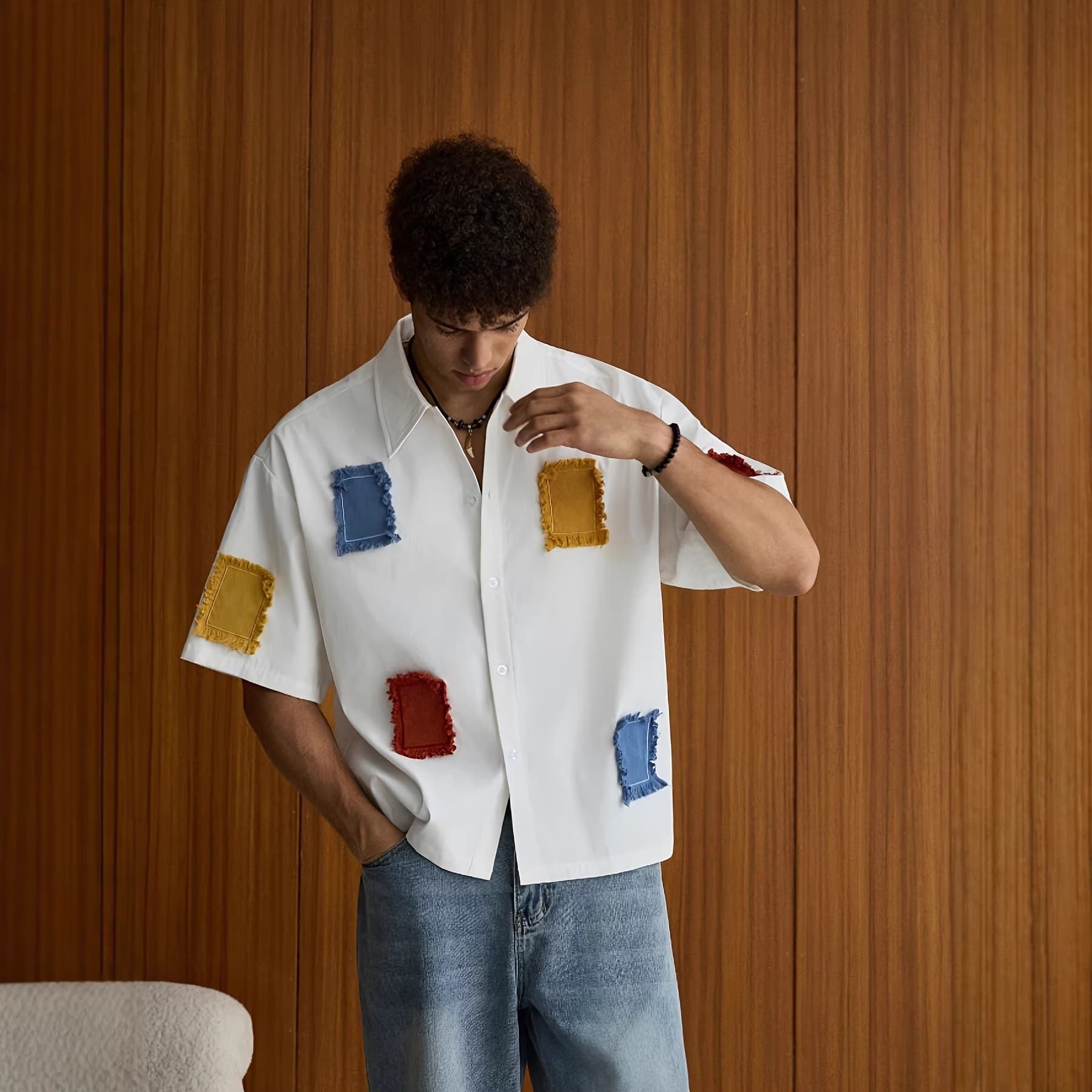 Cross-border TEMU European and American summer casual contrast patch shirts for men and women, lapel short-sleeved, fashionable and personalized shirts