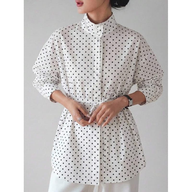 Amazon Cross-Border Black Polka Dot Loose Casual Commuter Simple Waist Drawstring Stand Collar Long-Sleeve Shirt Blouse for Women
