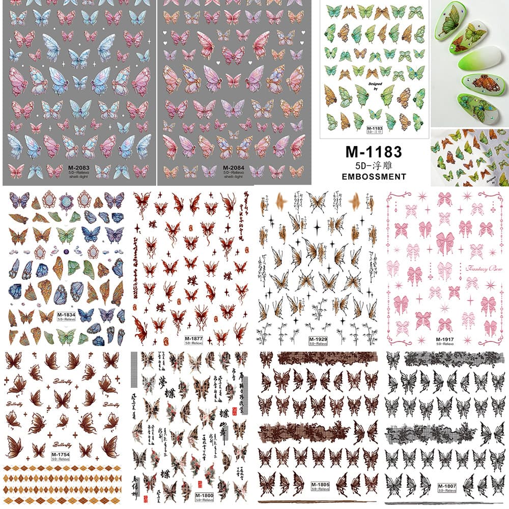 Butterfly Series 2 Nail Stickers 5D 3D Embossed Aurora Laser Pink Ice Transparent Bow Nail Art Adhesive Stickers