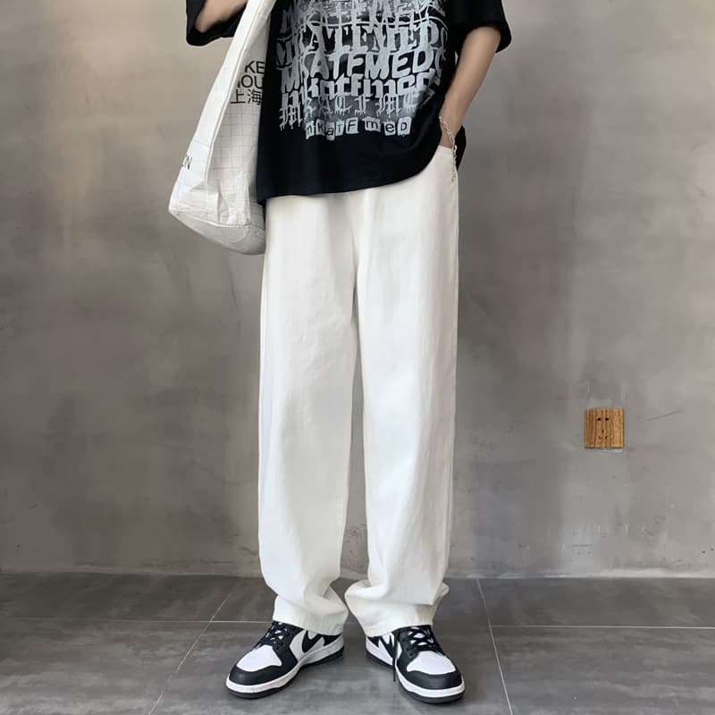 White Thickened Winter Men's Jeans Loose Wide Leg Cropped Korean Style Dad Pants Fashionable Draped All-Match Trousers