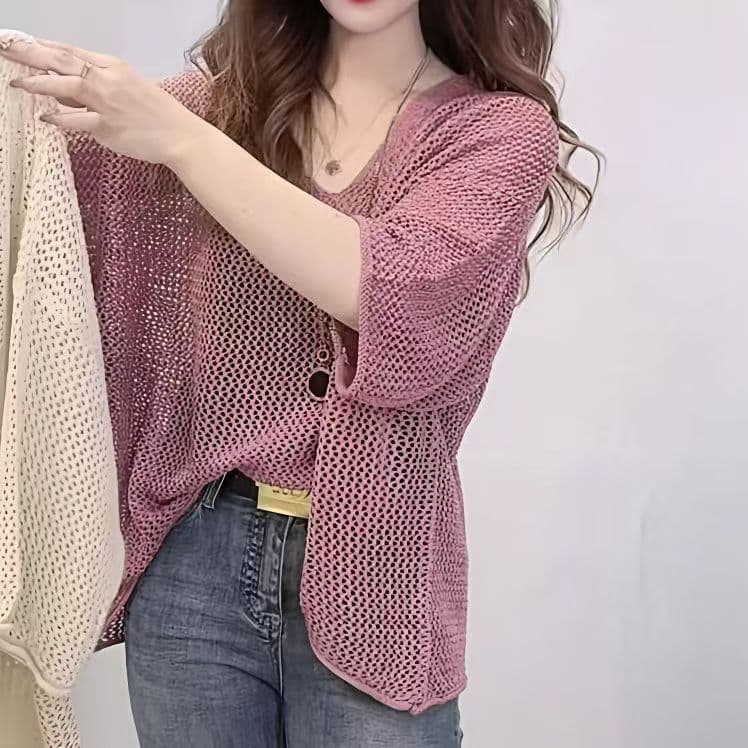 Hollow-Out Knit Sweater Blouse Summer Fashion 2026 Spring/Summer New Solid Color Loose Thin Lazy Top for Women